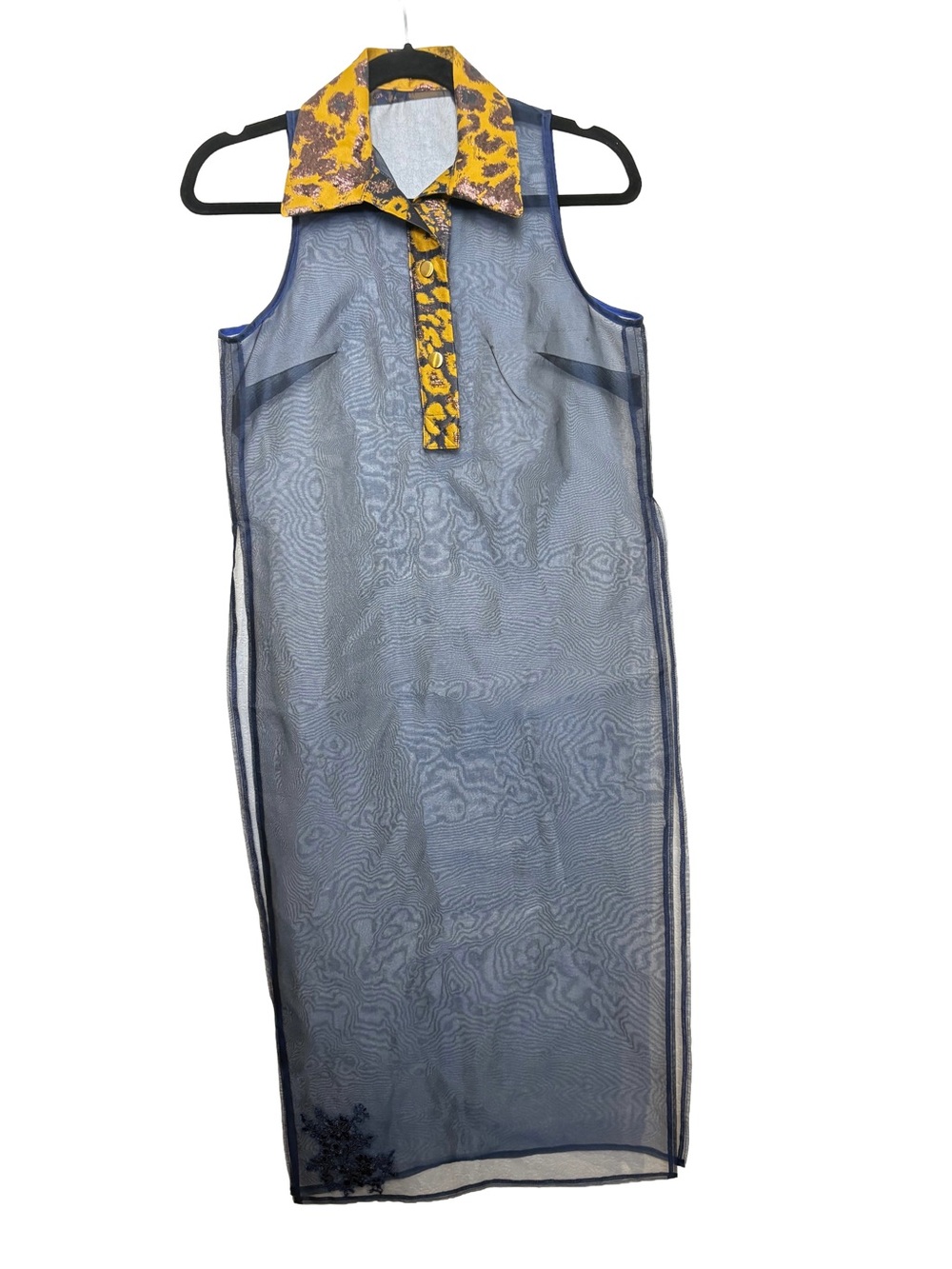 Navy Sheer Organza Sleeveless Dress with Yellow Leopard Collar - Kids
